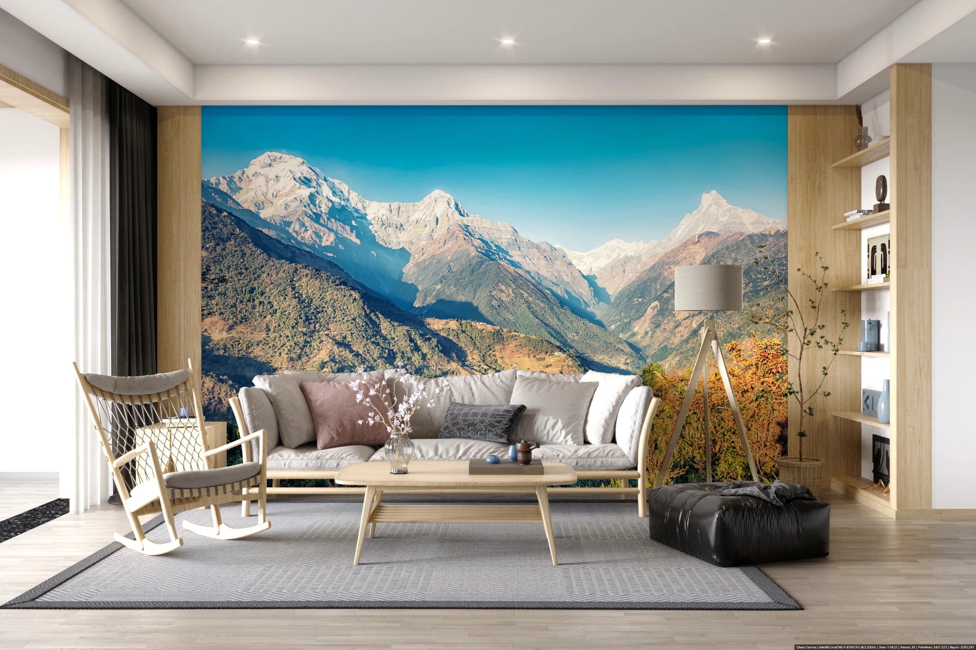 Blue sky mountain mural enriches luxury bedroom