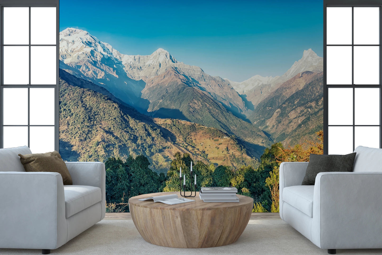 Dramatic alpine wall mural elevates modern hall