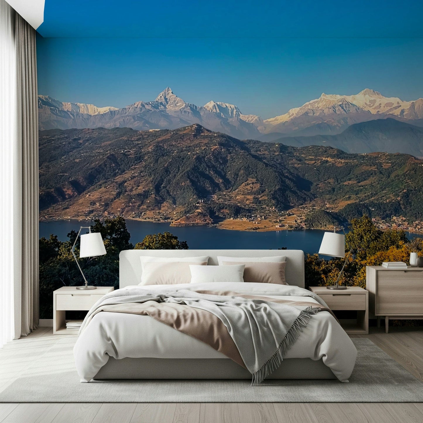 Scenic wall art Himalayan Vista, reflective lake beneath towering mountains.