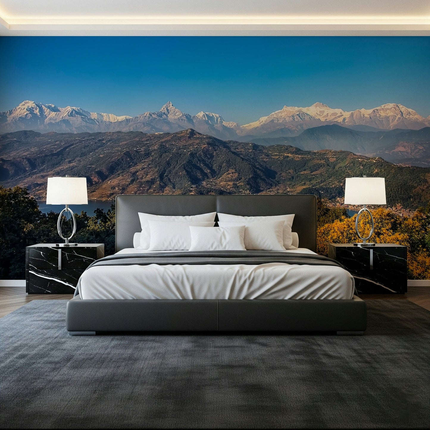 Stunning Himalayan Vista wall mural, tranquil lake, snow-capped giants.