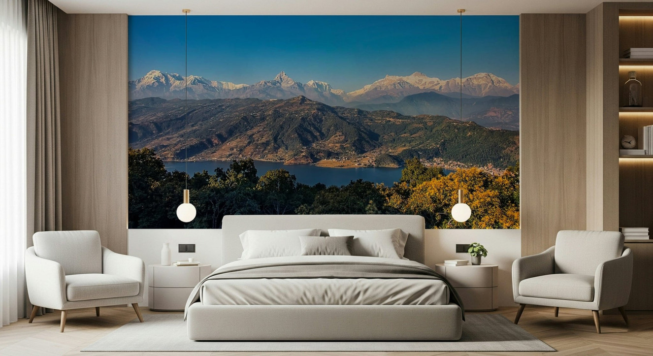 Himalayan Vista wallpaper for walls, serene mountain peaks, clear blue sky.
