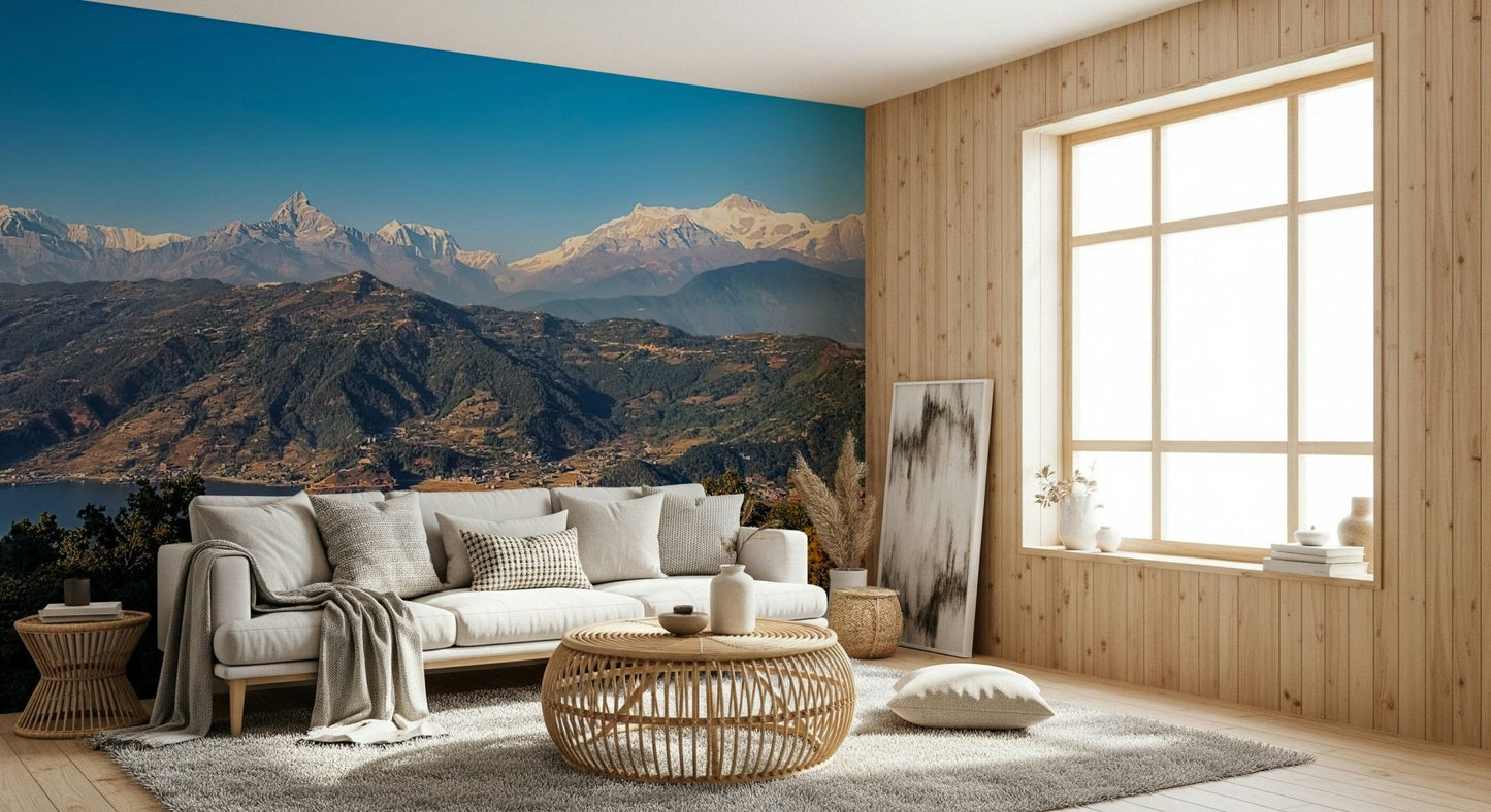 Himalayan Vista mural showcasing majestic white summits, lush green hills.