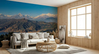 Himalayan Vista mural showcasing majestic white summits, lush green hills.
