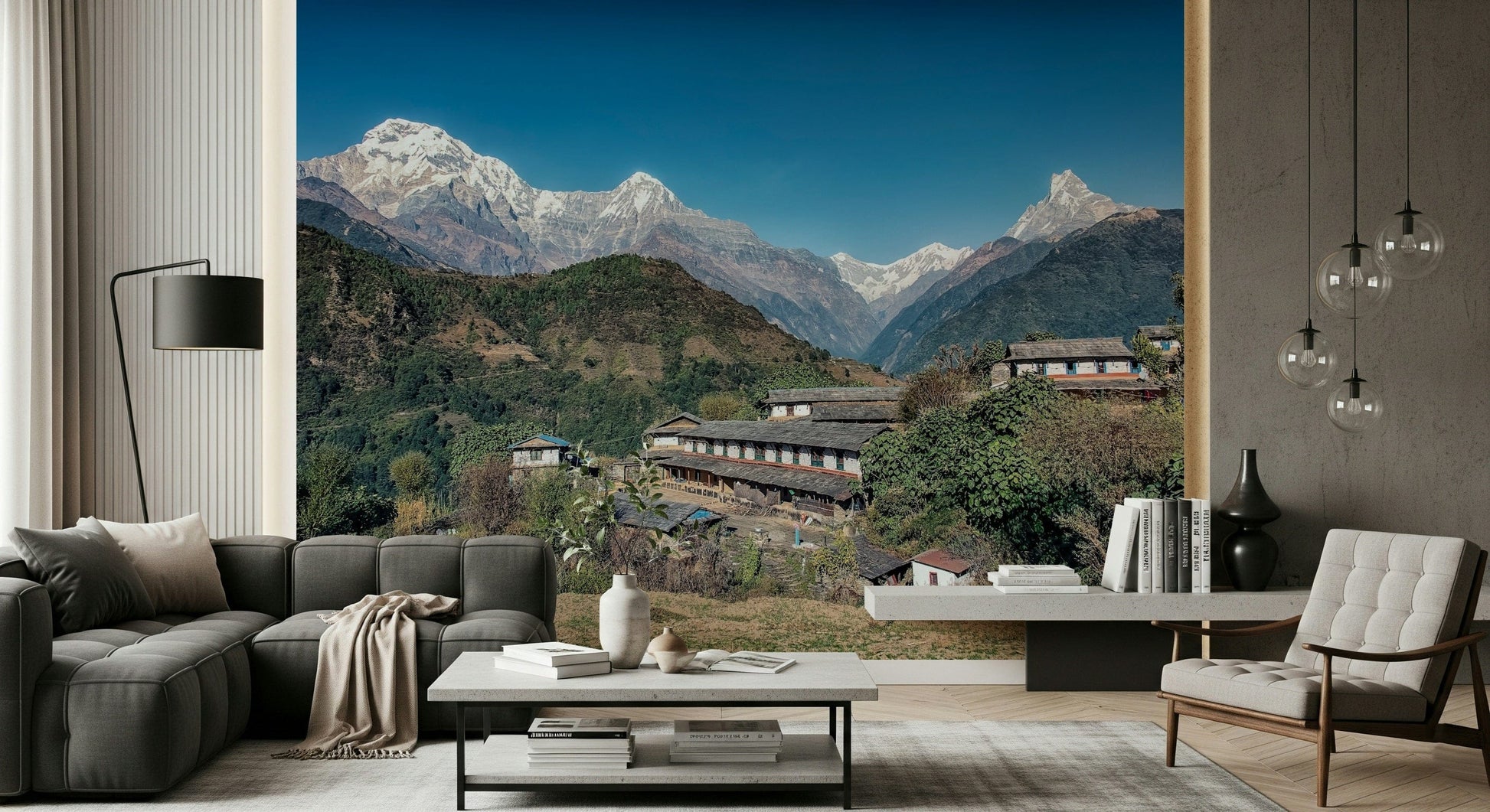 Terraced hillside dwellings on Himalayan Heights wall mural.