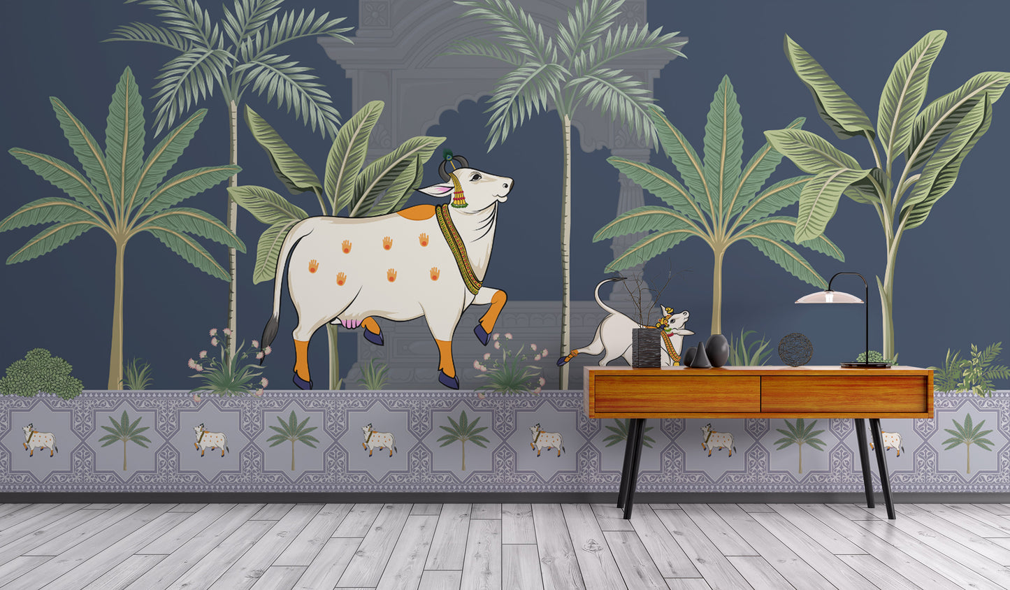 Indian heritage wall mural featuring sacred cow




