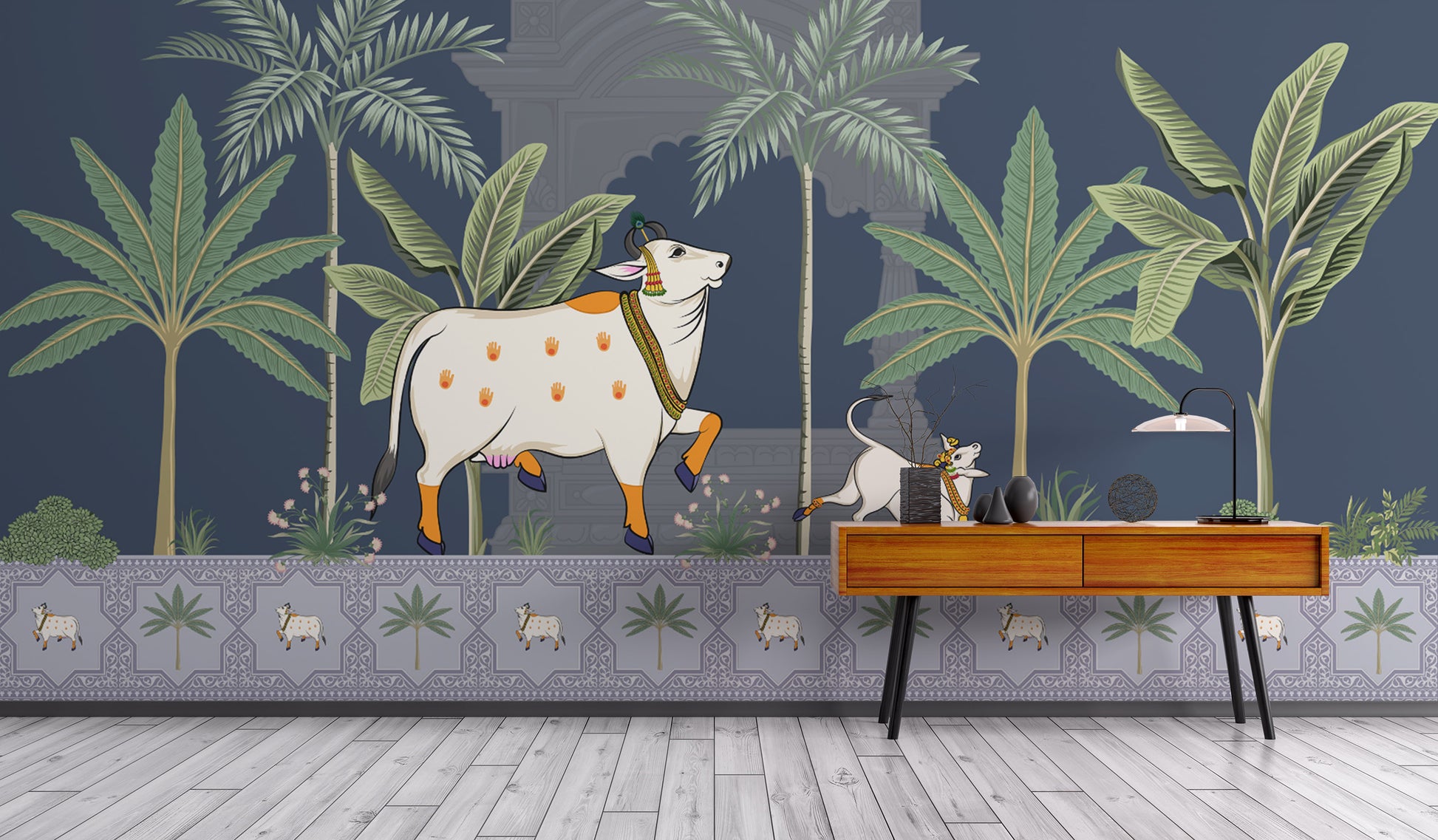 Indian heritage wall mural featuring sacred cow




