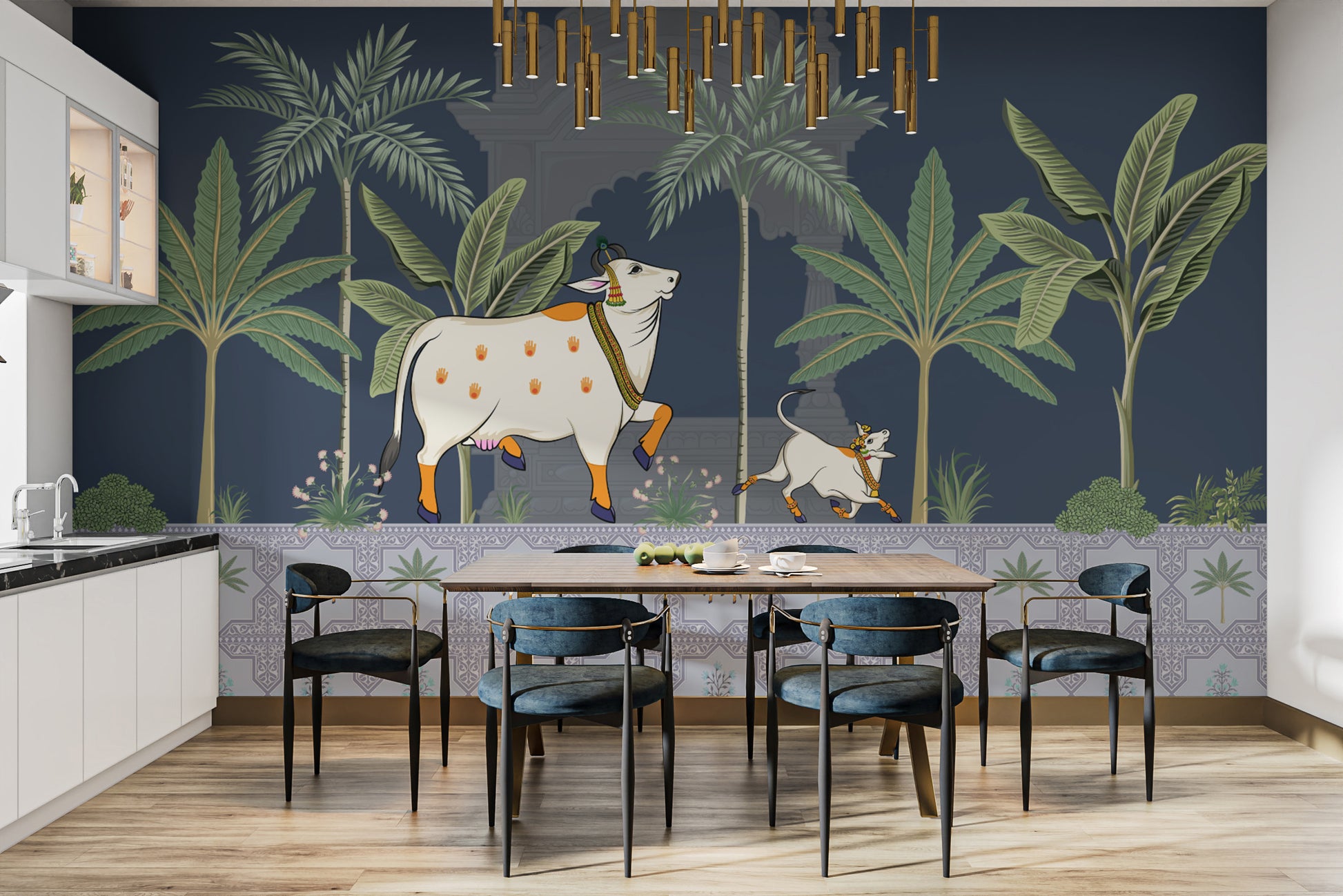 Vedic cow and calf wall mural with blessings theme
