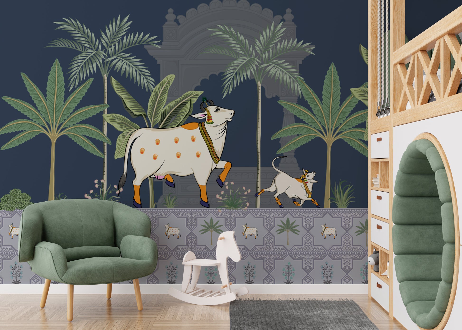 Religious cow worship wallpaper with sacred motifs
