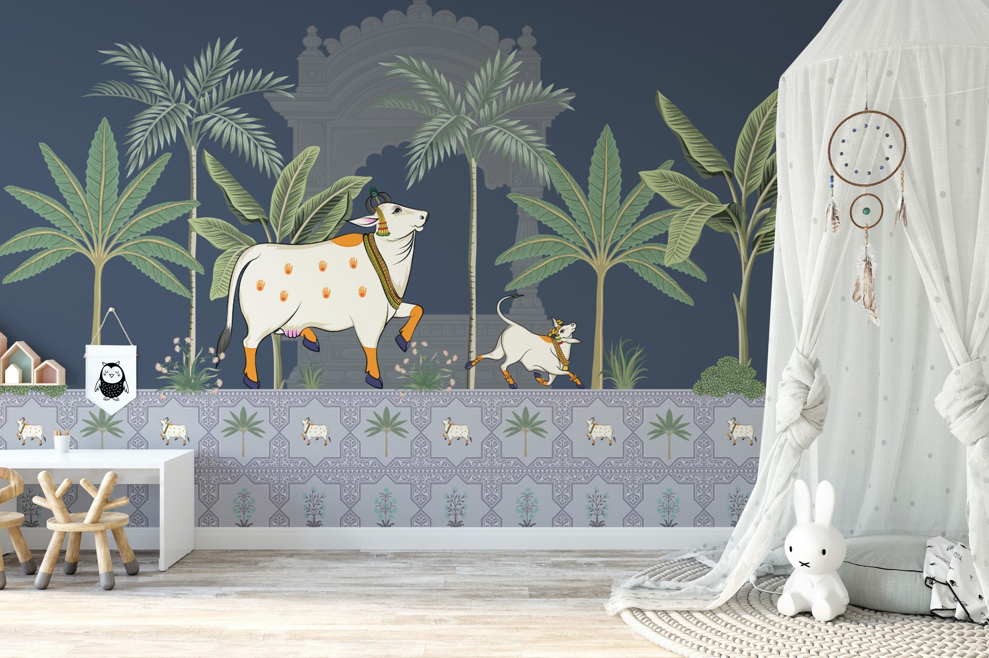 Gau Mata Hindu temple mural with ornate patterns
