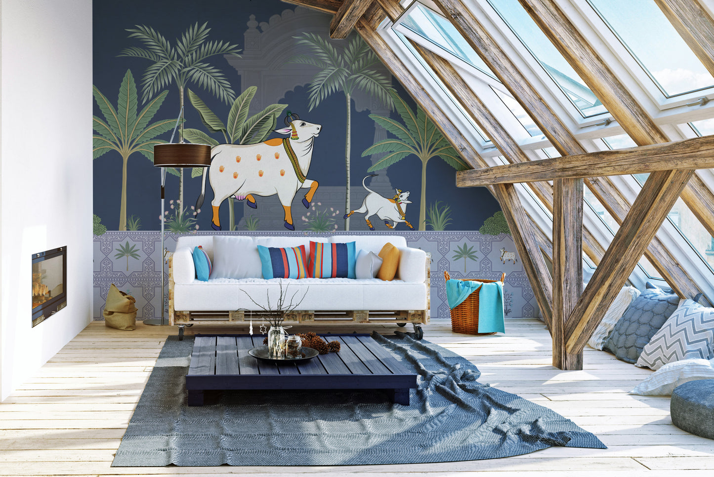 Holy cow Hindu wall painting with sacred handprints
