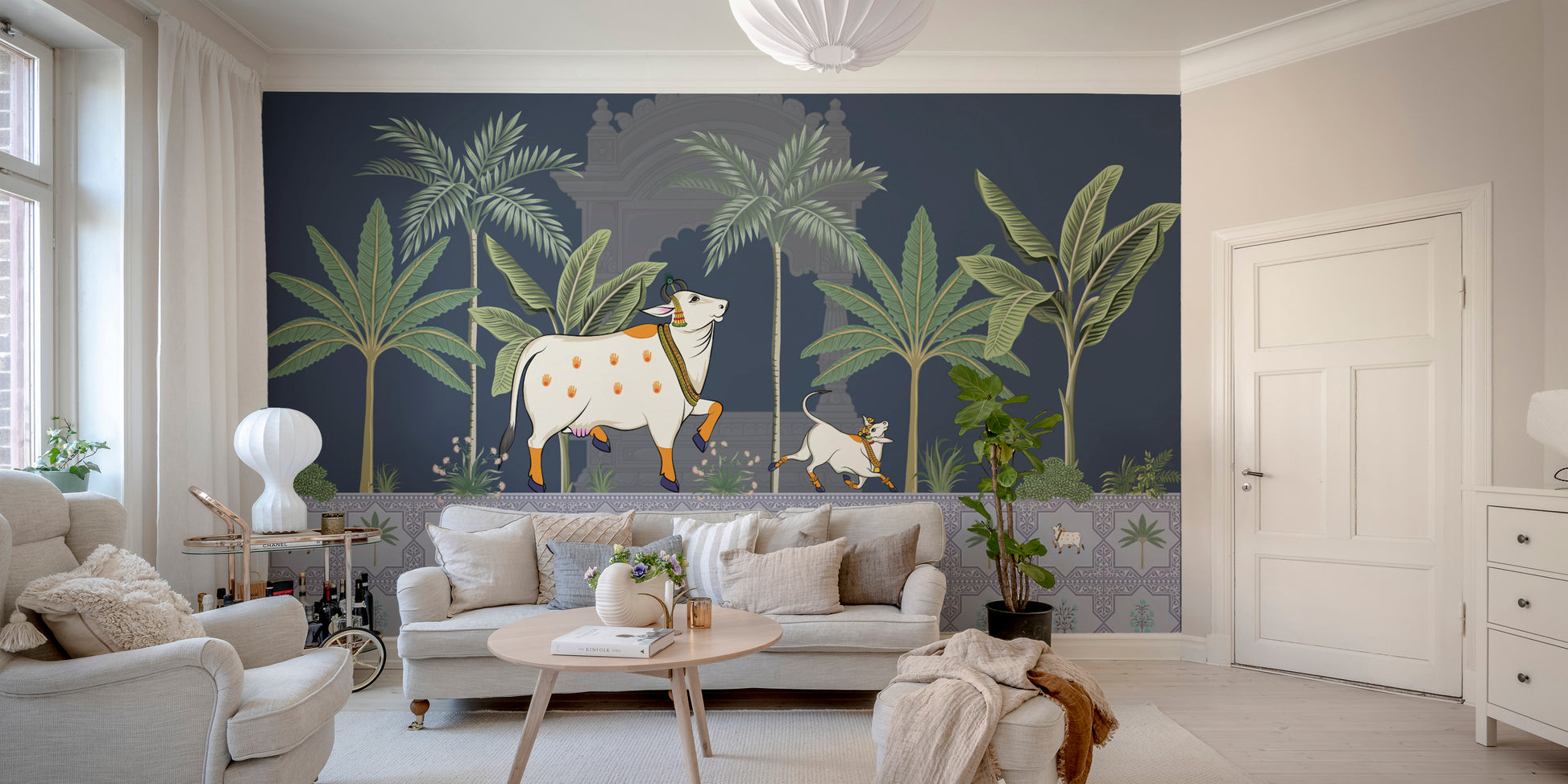 Indian traditional cow mural with religious symbolism
