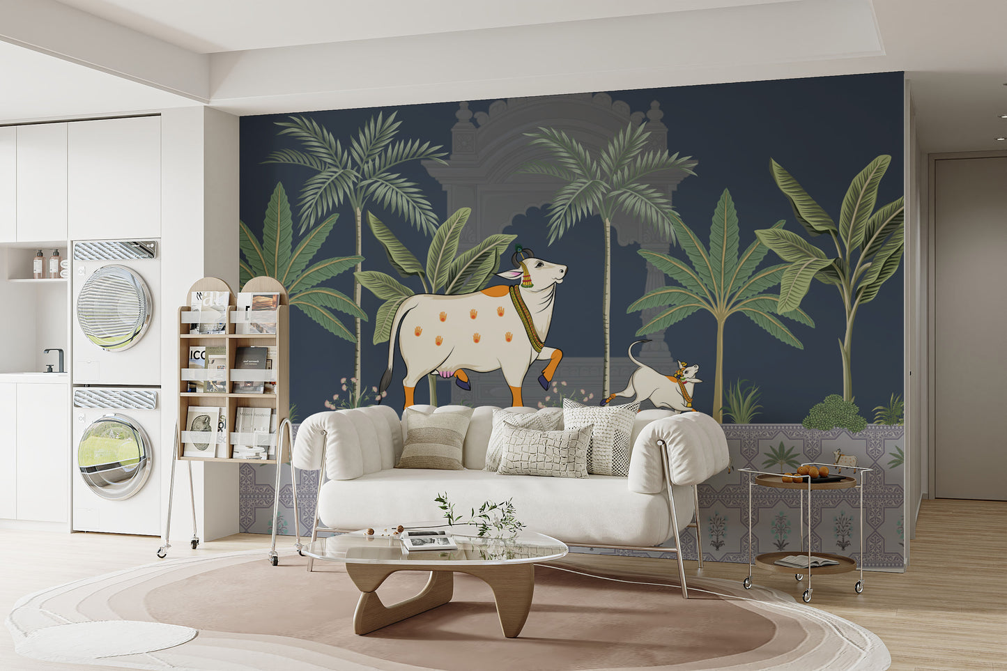 Hindu sacred cow worship mural with temple backdrop
