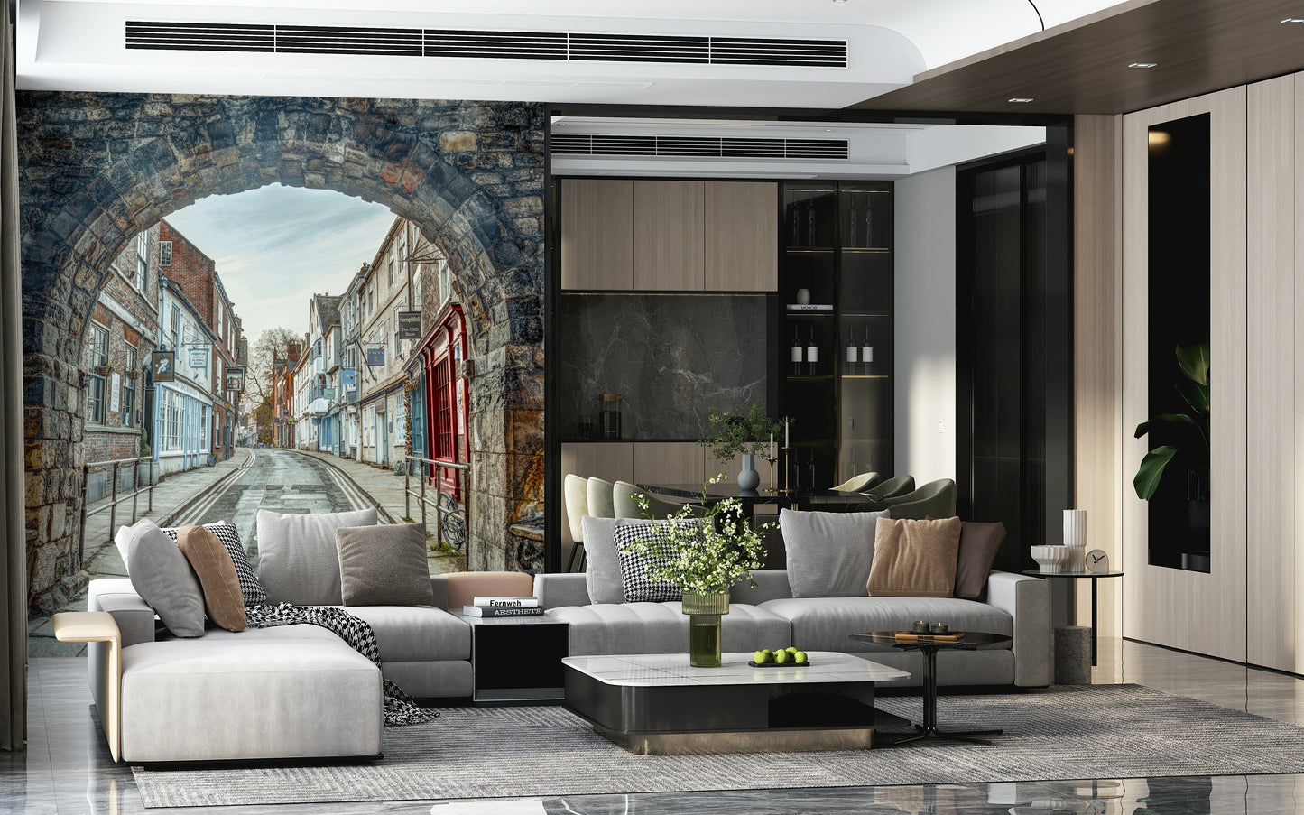 Apartment dining room with Through Time’s Arch feature wall