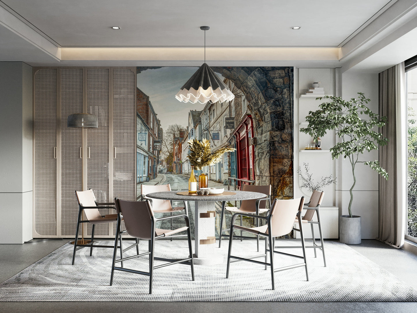 Elegant arched doorway mural for home study with soft lighting