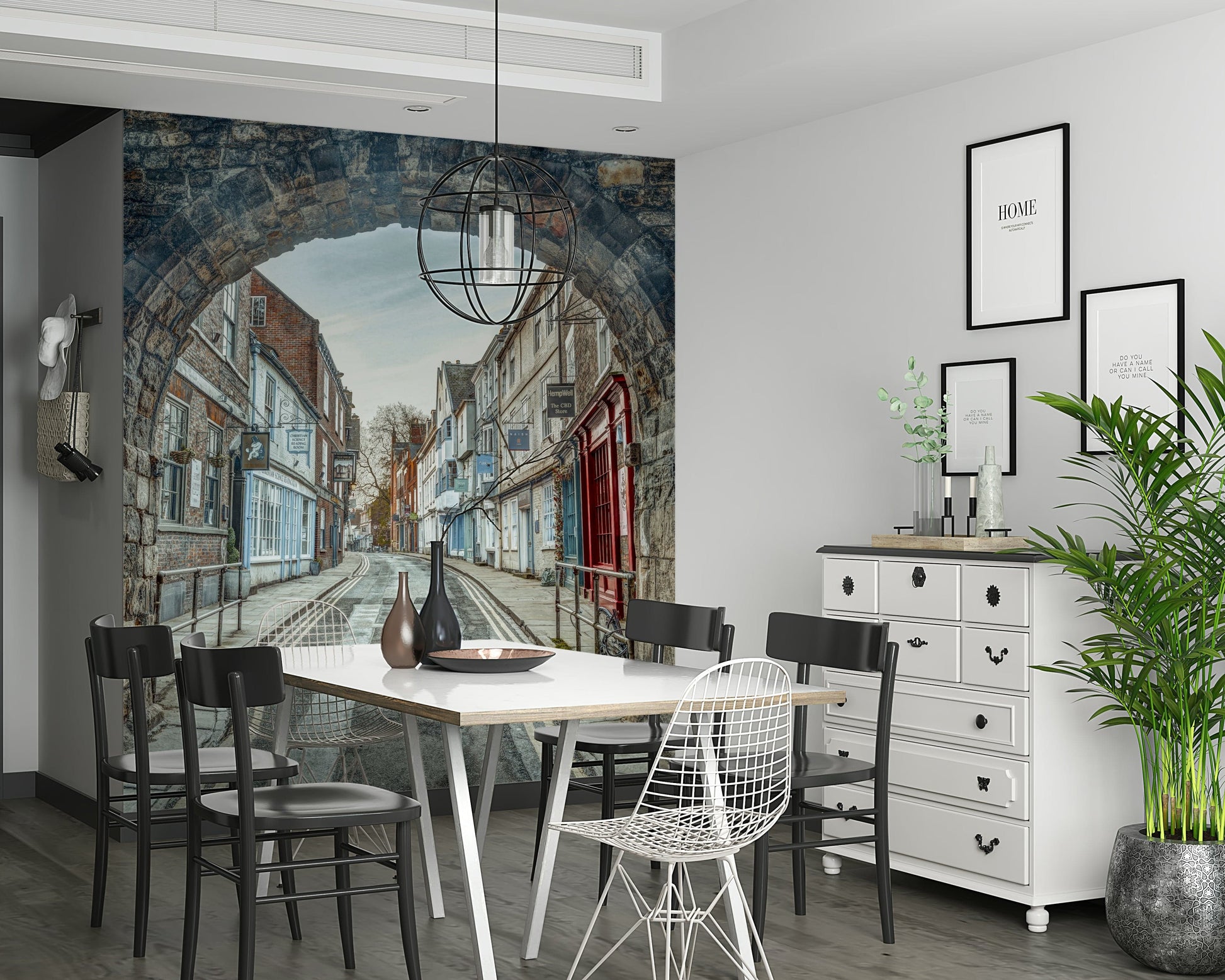 Neutral mural with ancient architecture for open-plan living area