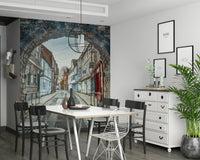 Neutral mural with ancient architecture for open-plan living area