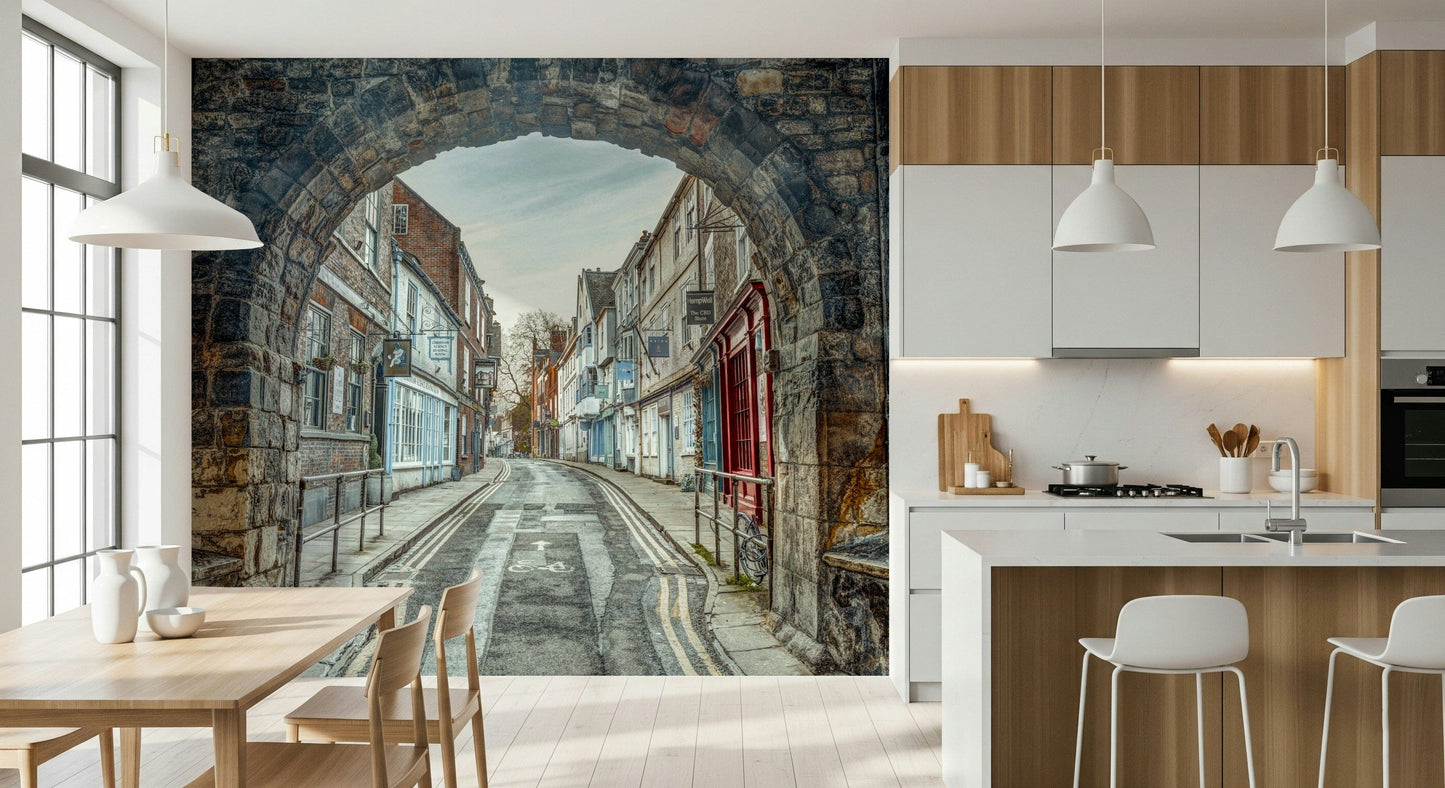 Through Time’s Arch mural in minimalist office interior
