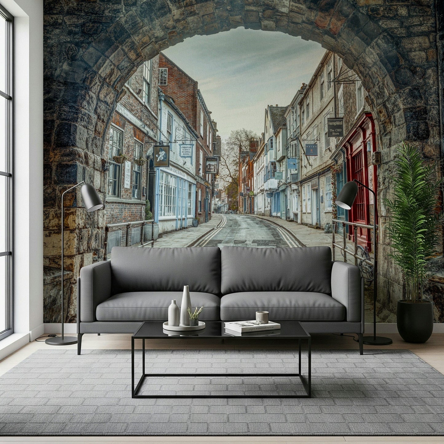 Timeless arch mural in modern color palette for living space