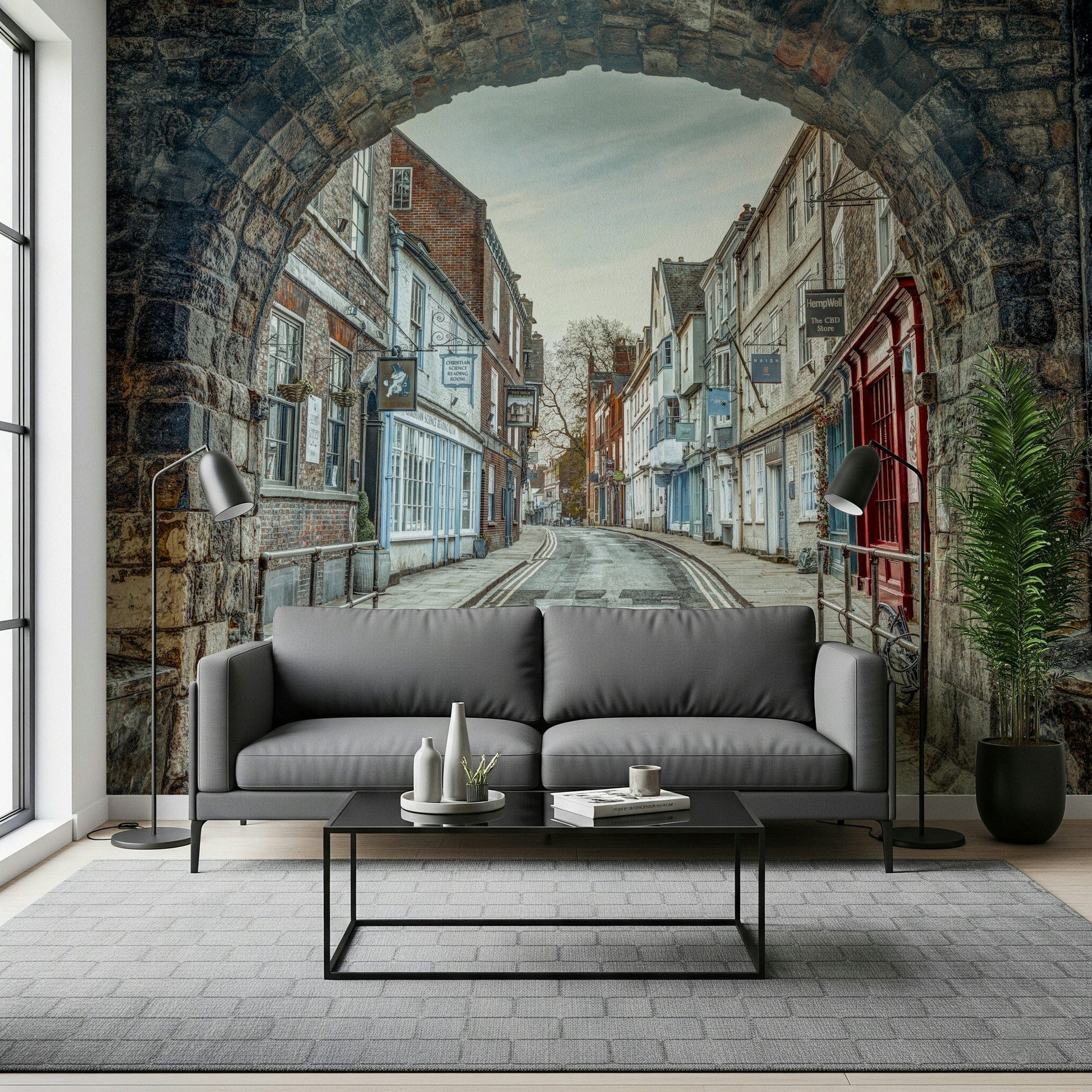 Timeless arch mural in modern color palette for living space