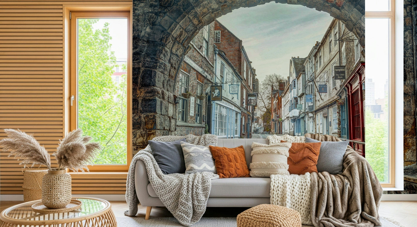 Neutral tone wall mural with ancient archway in cozy bedroom