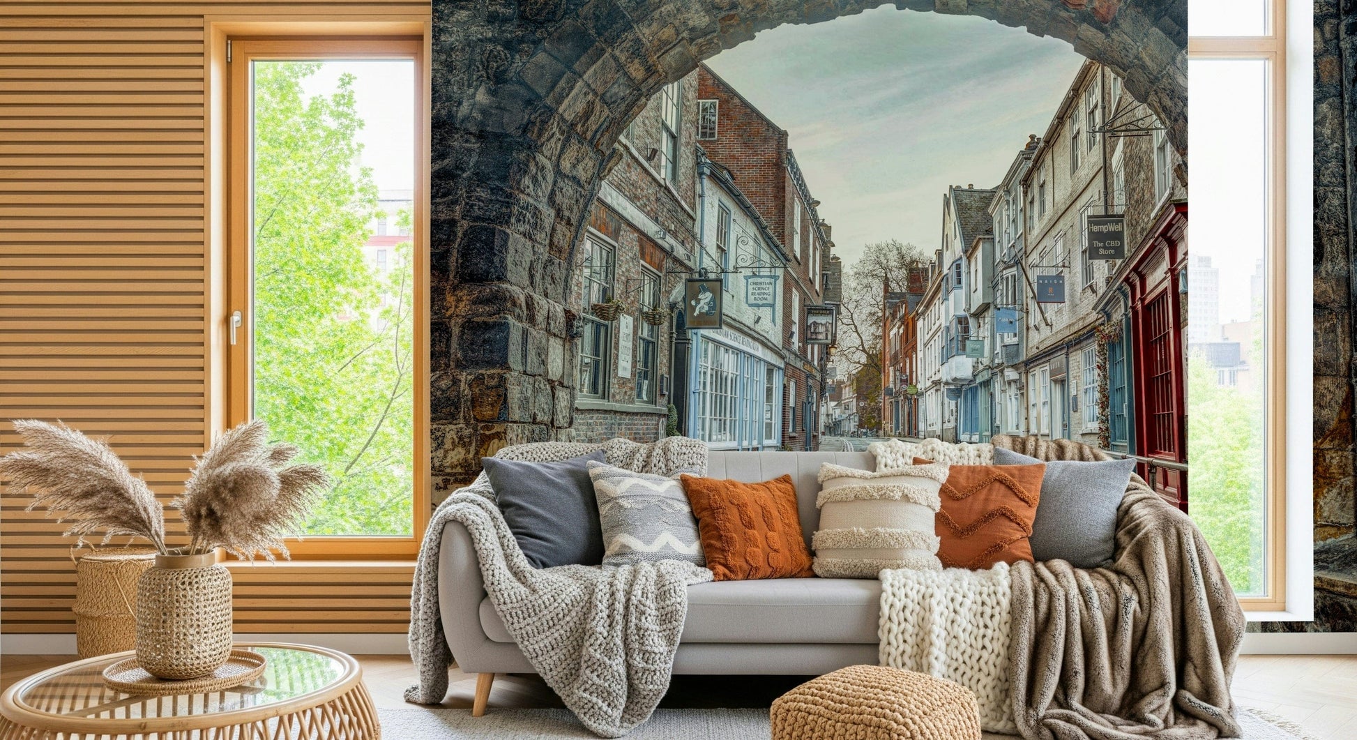 Neutral tone wall mural with ancient archway in cozy bedroom