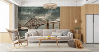 Historic Forth Rail Bridge wall mural on a wood-slat wall above a grey sofa in a living room