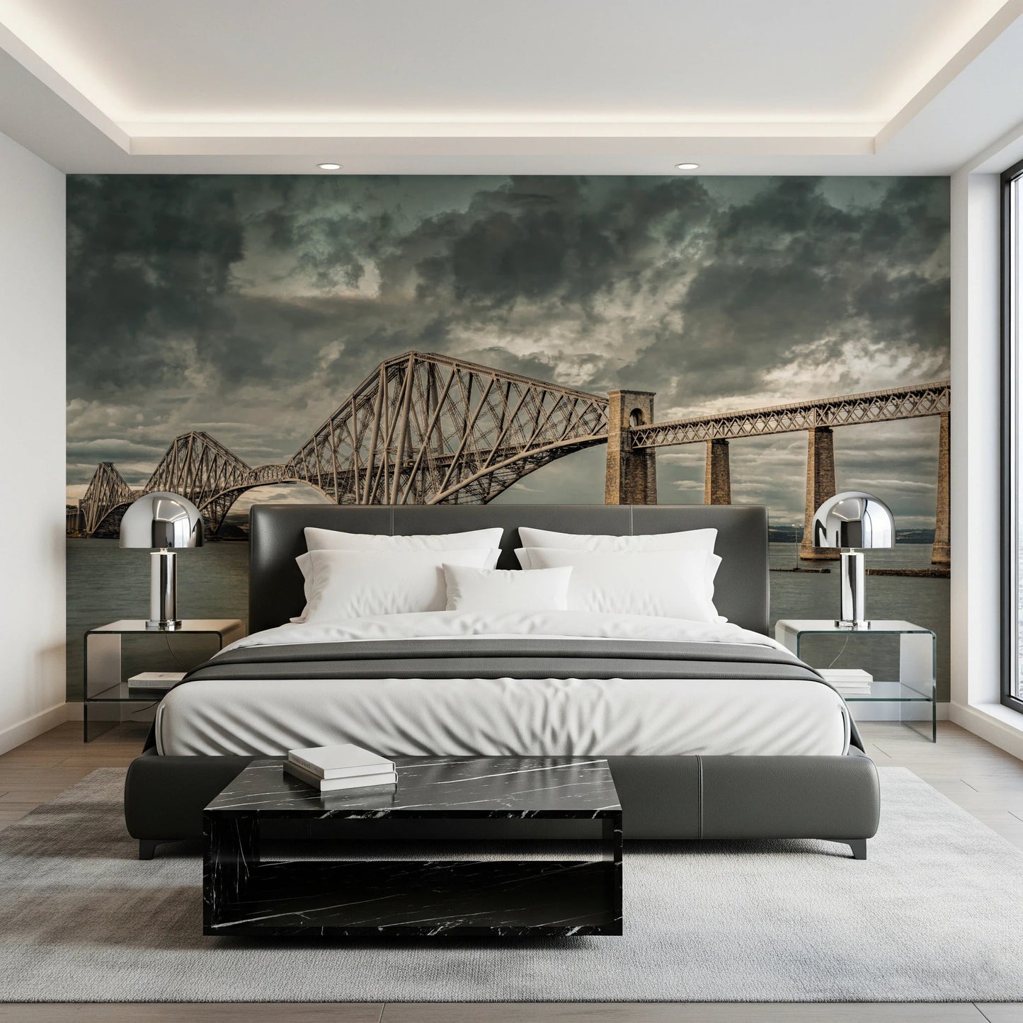 Historic Forth Rail Bridge wall mural over a grey upholstered bed with chrome bedside lamps