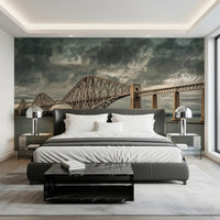 Historic Forth Rail Bridge wall mural over a grey upholstered bed with chrome bedside lamps