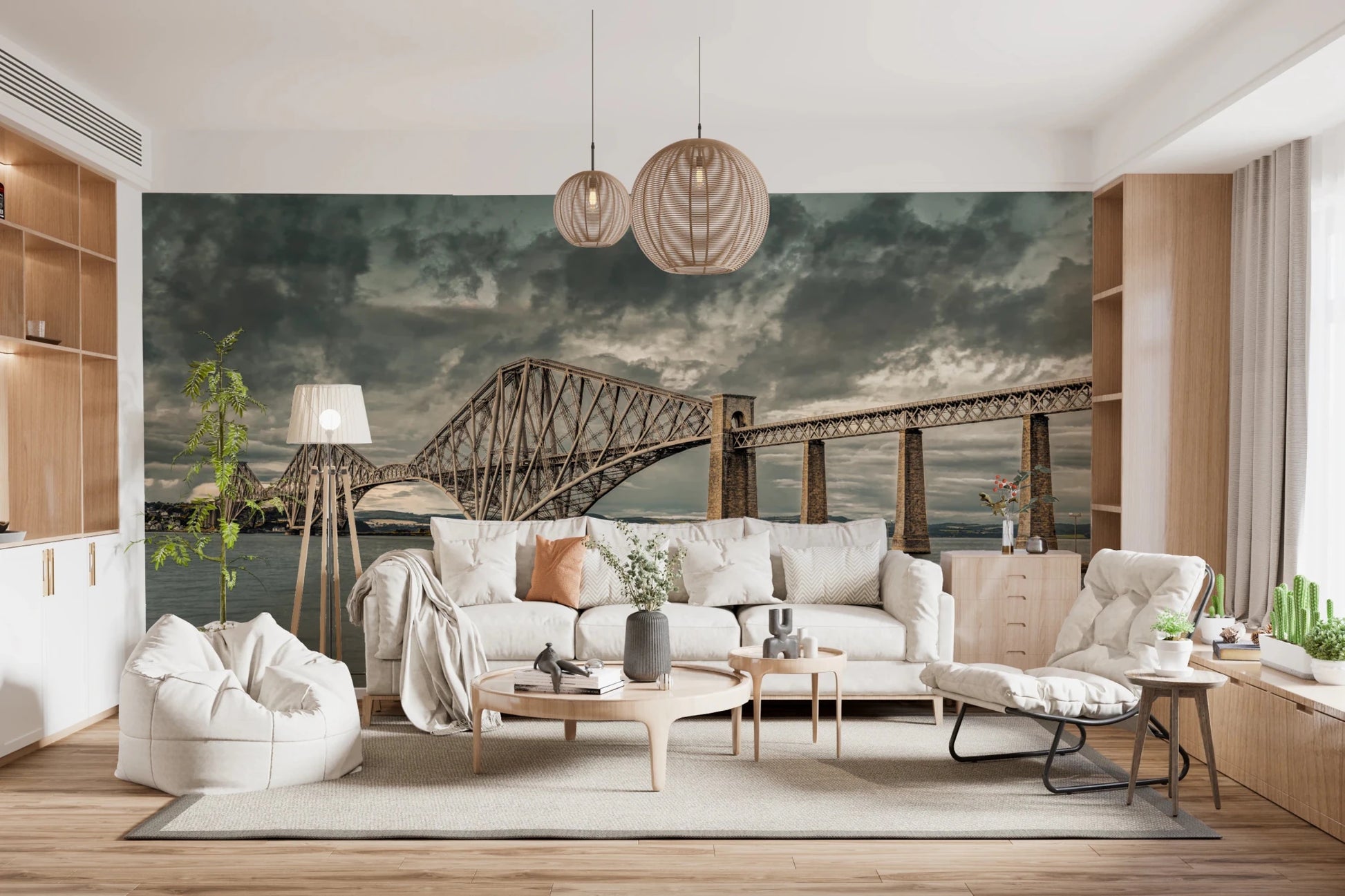 Historic Forth Rail Bridge wall mural behind a cream sofa with sphere pendants and floor lamp