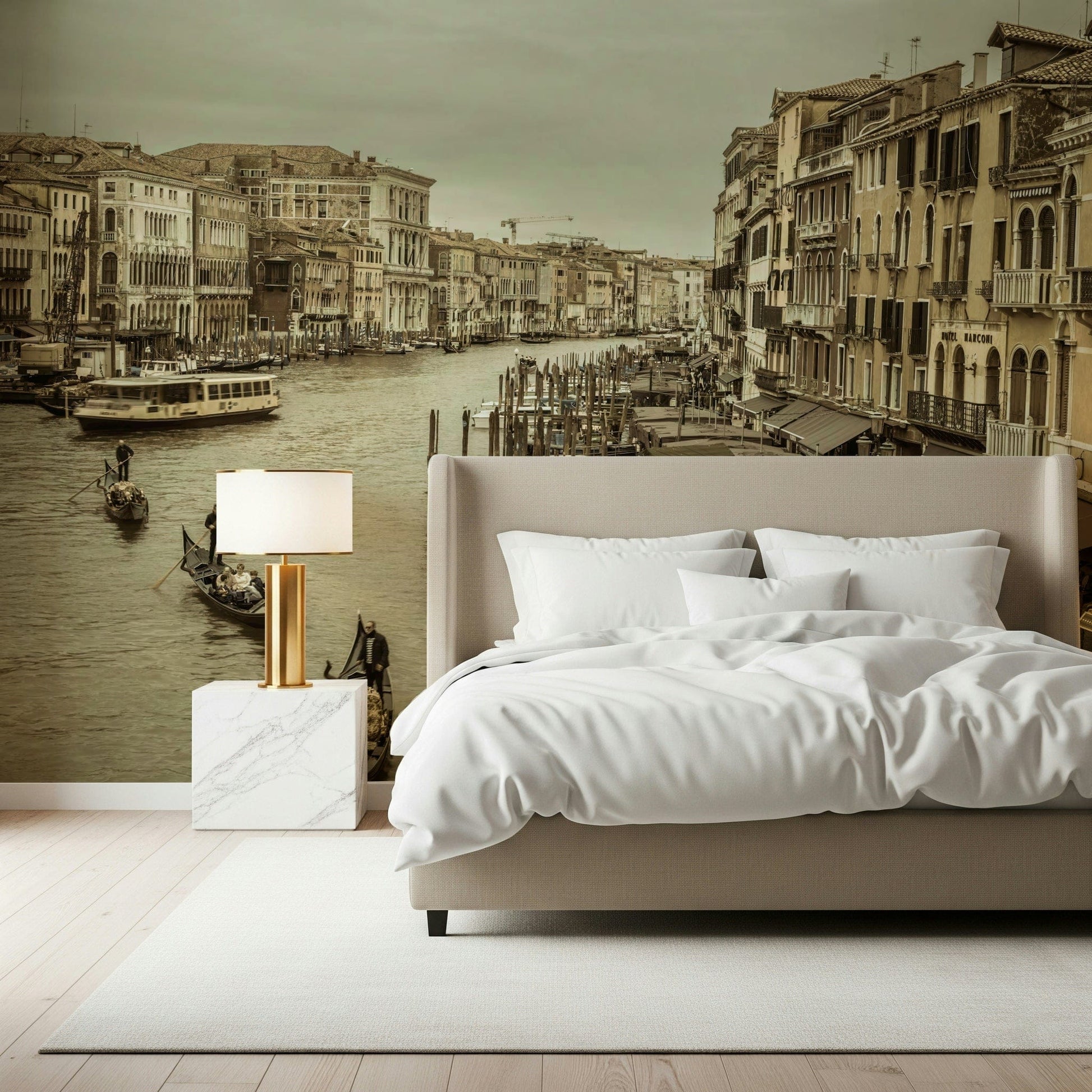 Boats moored Historic Grand Canal mural, quintessential city vista.