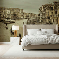Boats moored Historic Grand Canal mural, quintessential city vista.