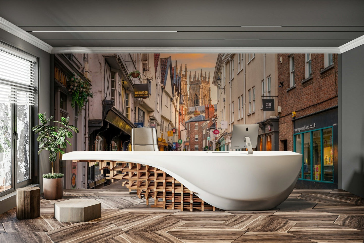 Serene cityscape mural with historical buildings at dusk

