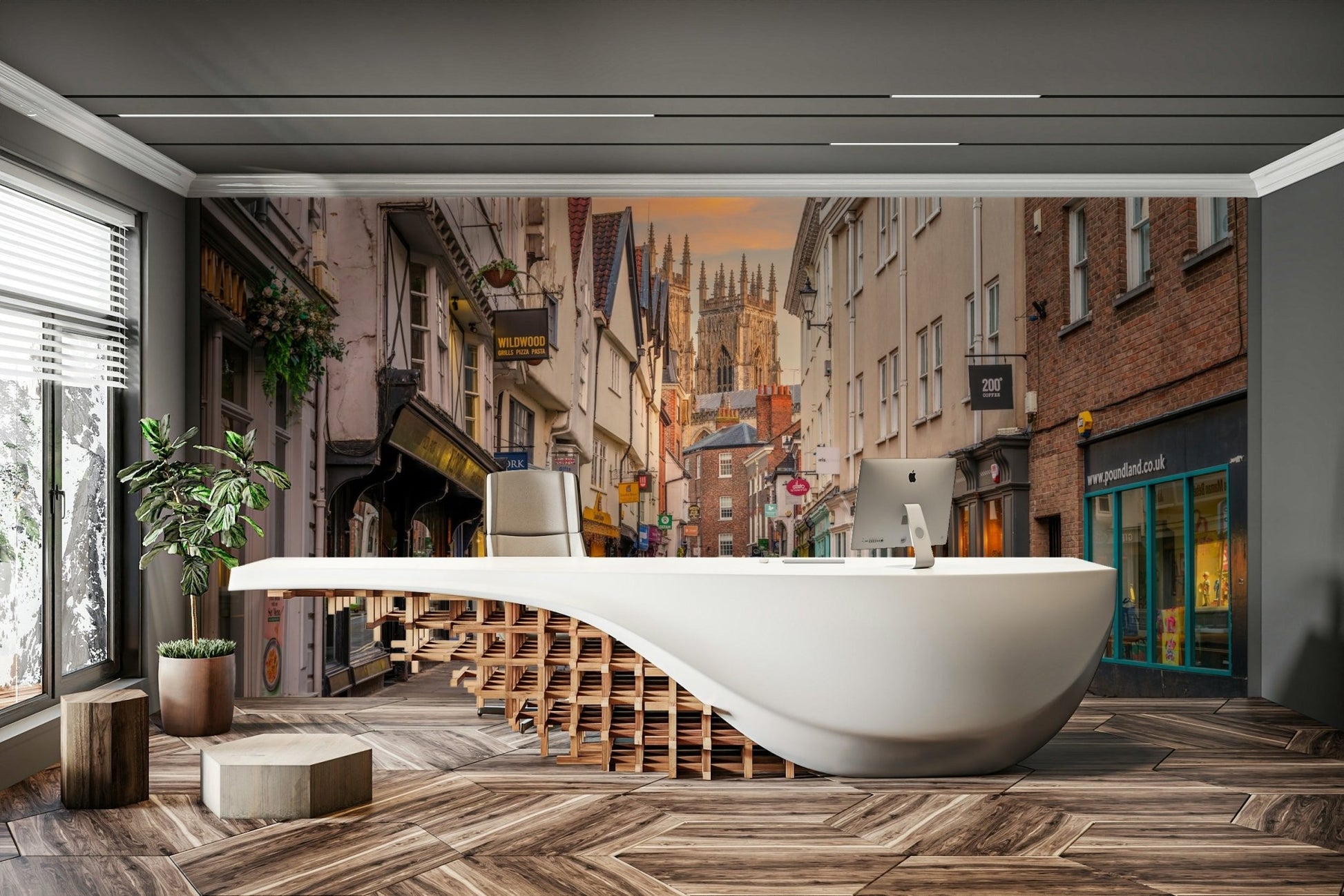 Serene cityscape mural with historical buildings at dusk

