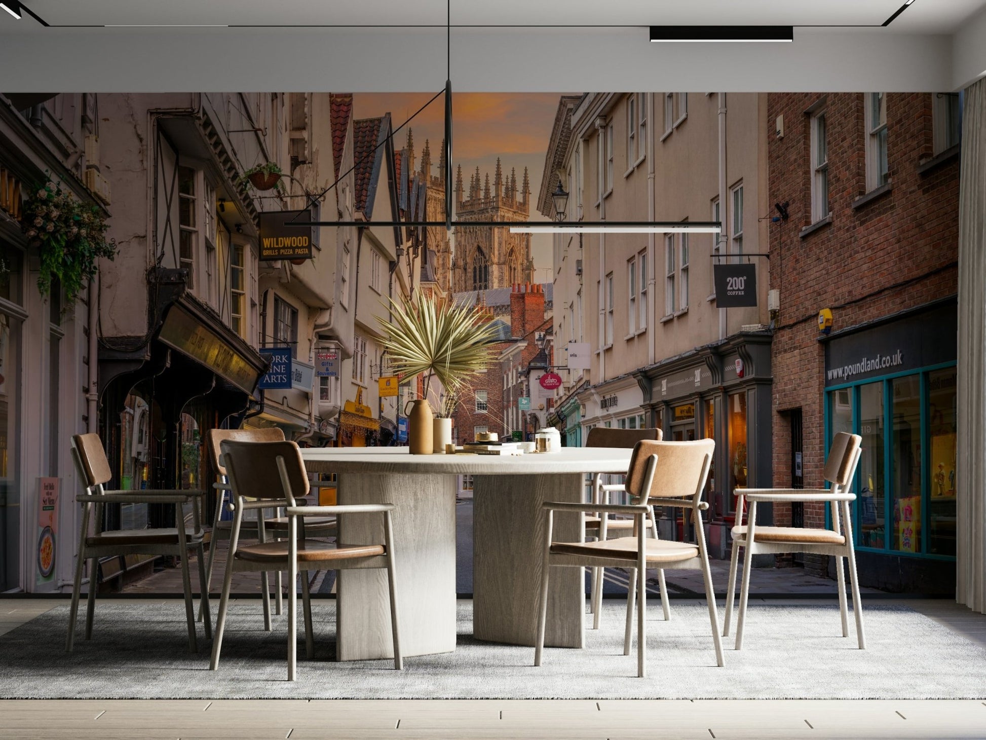 Detailed townscape mural featuring twilight and architecture

