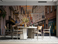 Detailed townscape mural featuring twilight and architecture

