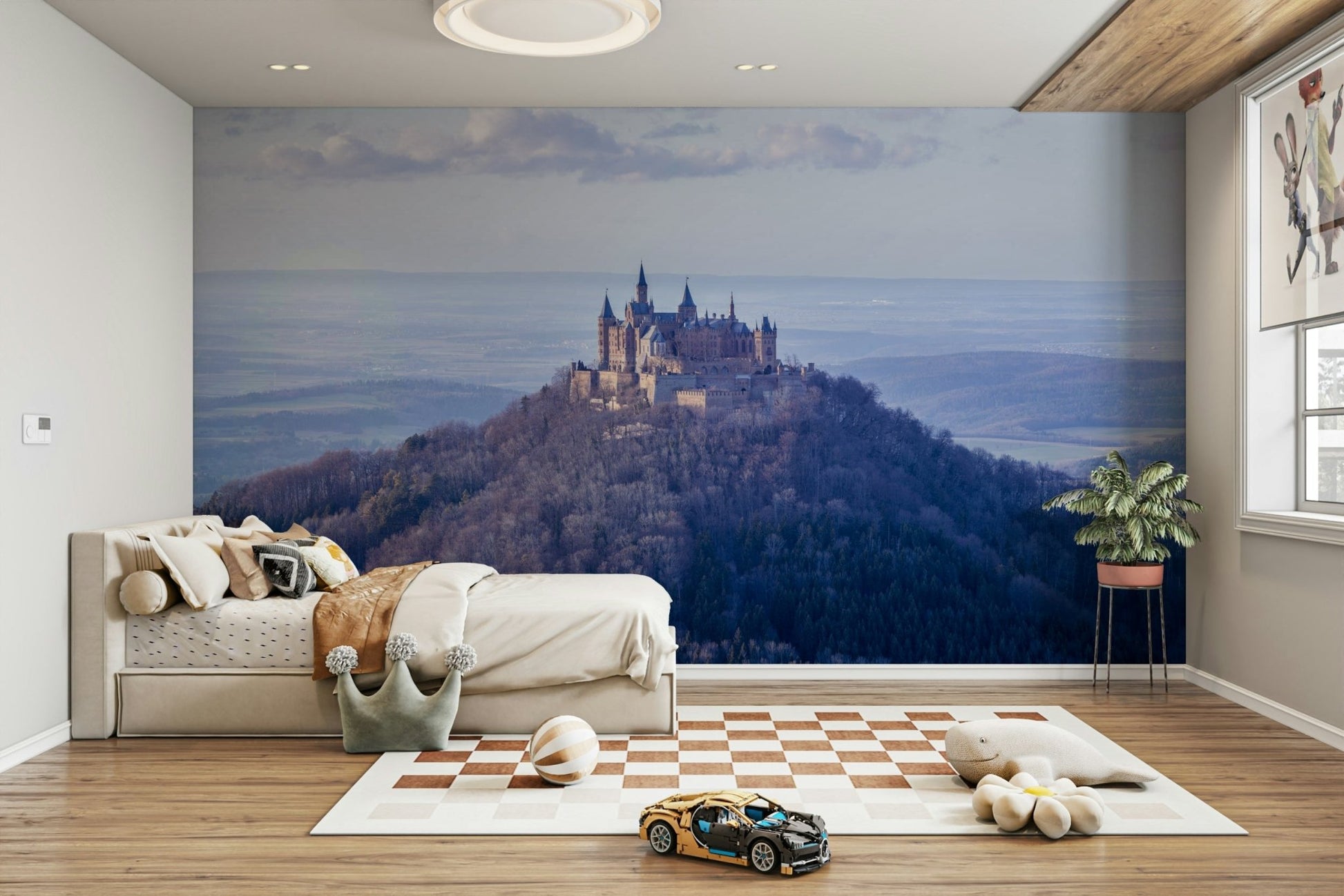 Hohenzollern Castle mural atop a forested mountain wall mural.

