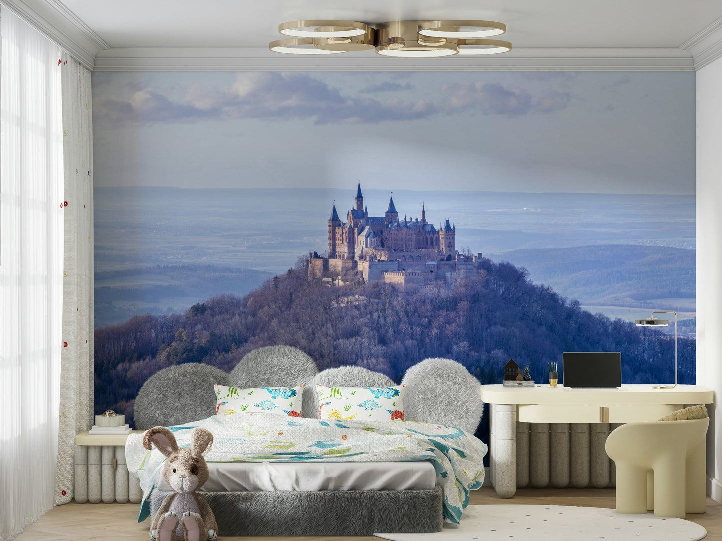 Castle on mountaintop mural with scenic forest

