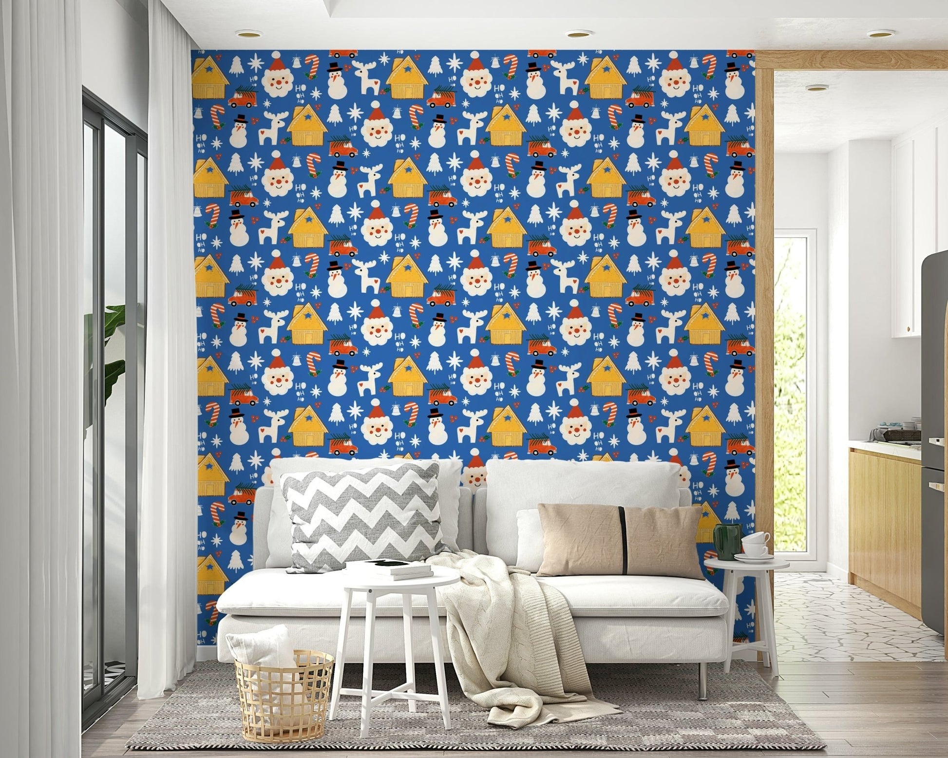 A cheerful winter wallpaper showcasing doodle-style Santa heads, snowflakes, and festive cabins.