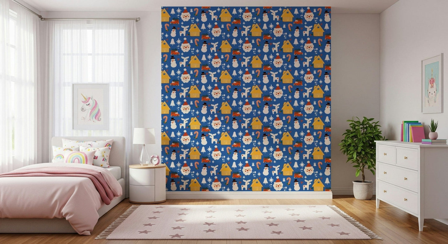 A colorful Christmas doodle wallpaper showing scattered festive motifs on a bold blue background.