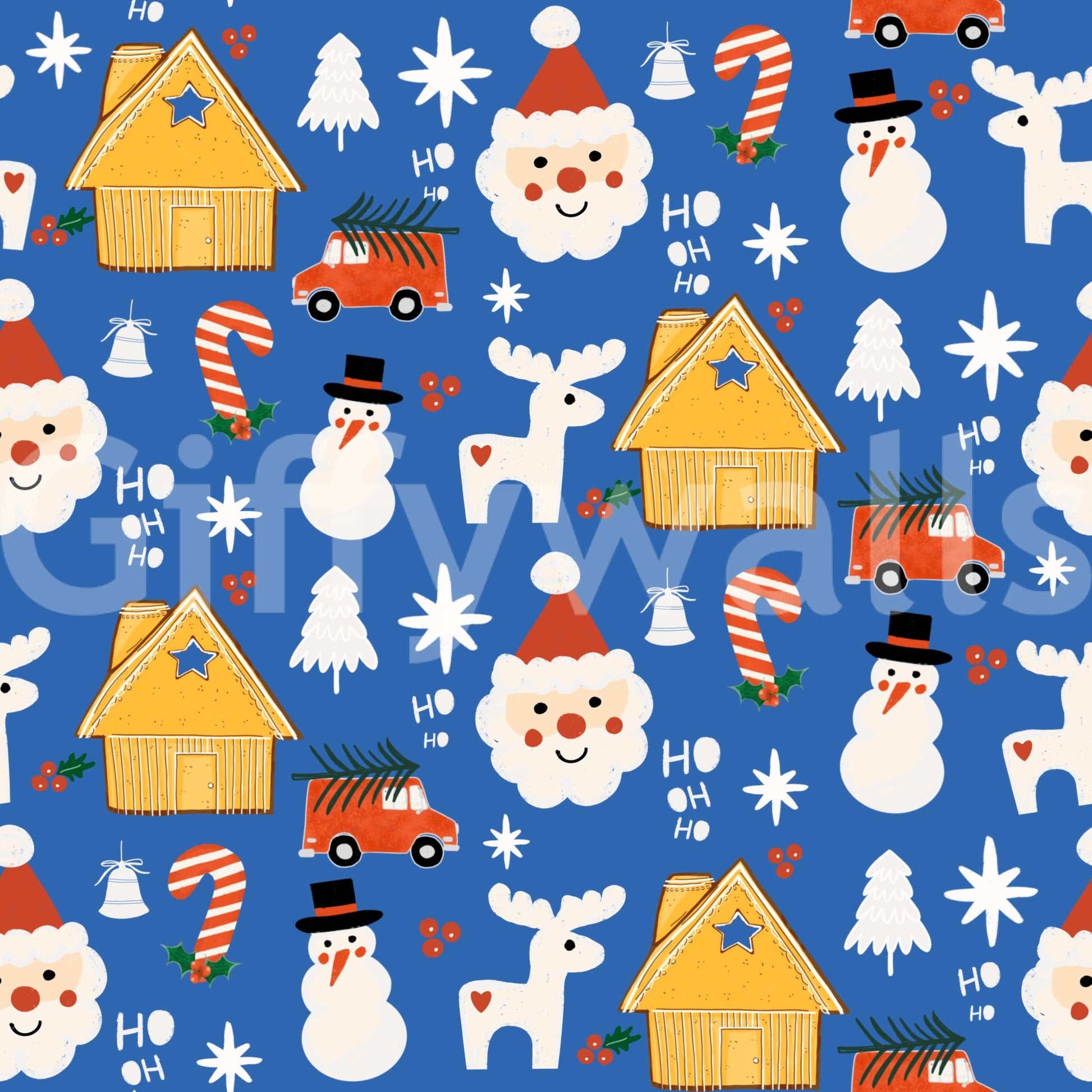 A lively winter wallpaper with cute doodle drawings of Santa, reindeer, snowmen, and holiday cabins.