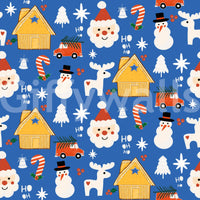 A lively winter wallpaper with cute doodle drawings of Santa, reindeer, snowmen, and holiday cabins.