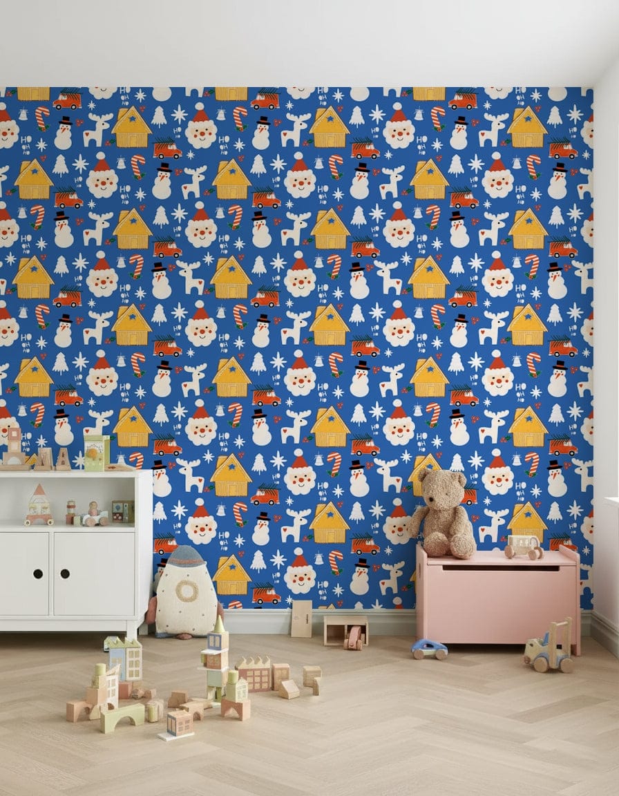 A joyful holiday wallpaper decorated with doodle-style cabins, candy canes, Santas, and snowflakes.