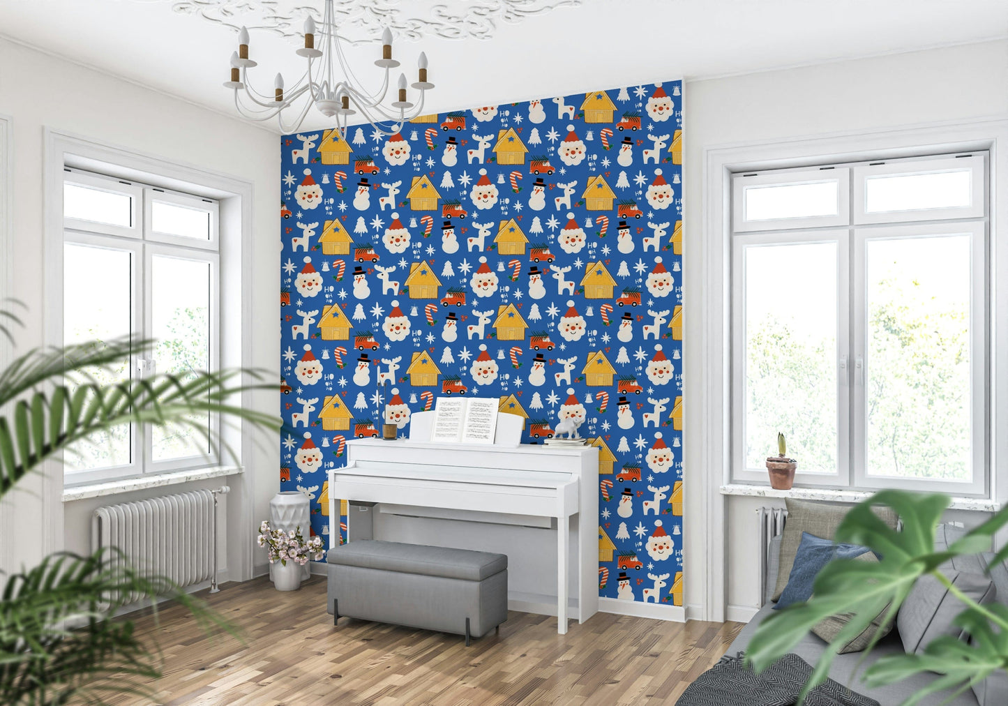A whimsical Christmas wallpaper decorated with doodle-style festive characters and winter symbols.