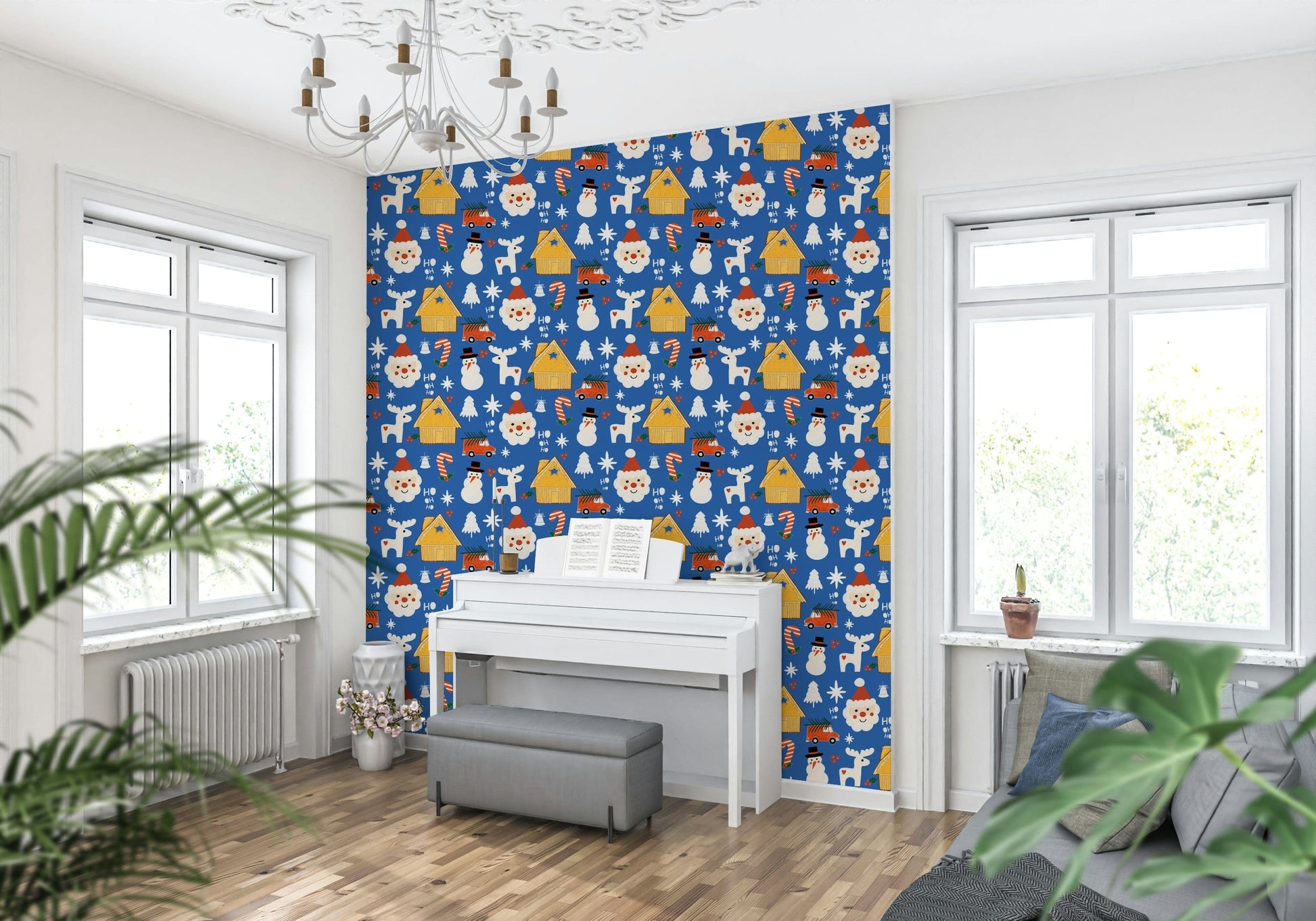 A whimsical Christmas wallpaper decorated with doodle-style festive characters and winter symbols.