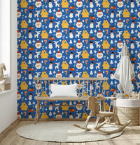 Cute holiday doodle wallpaper with reindeer, snowmen, and Christmas motifs on a vivid blue backdrop.