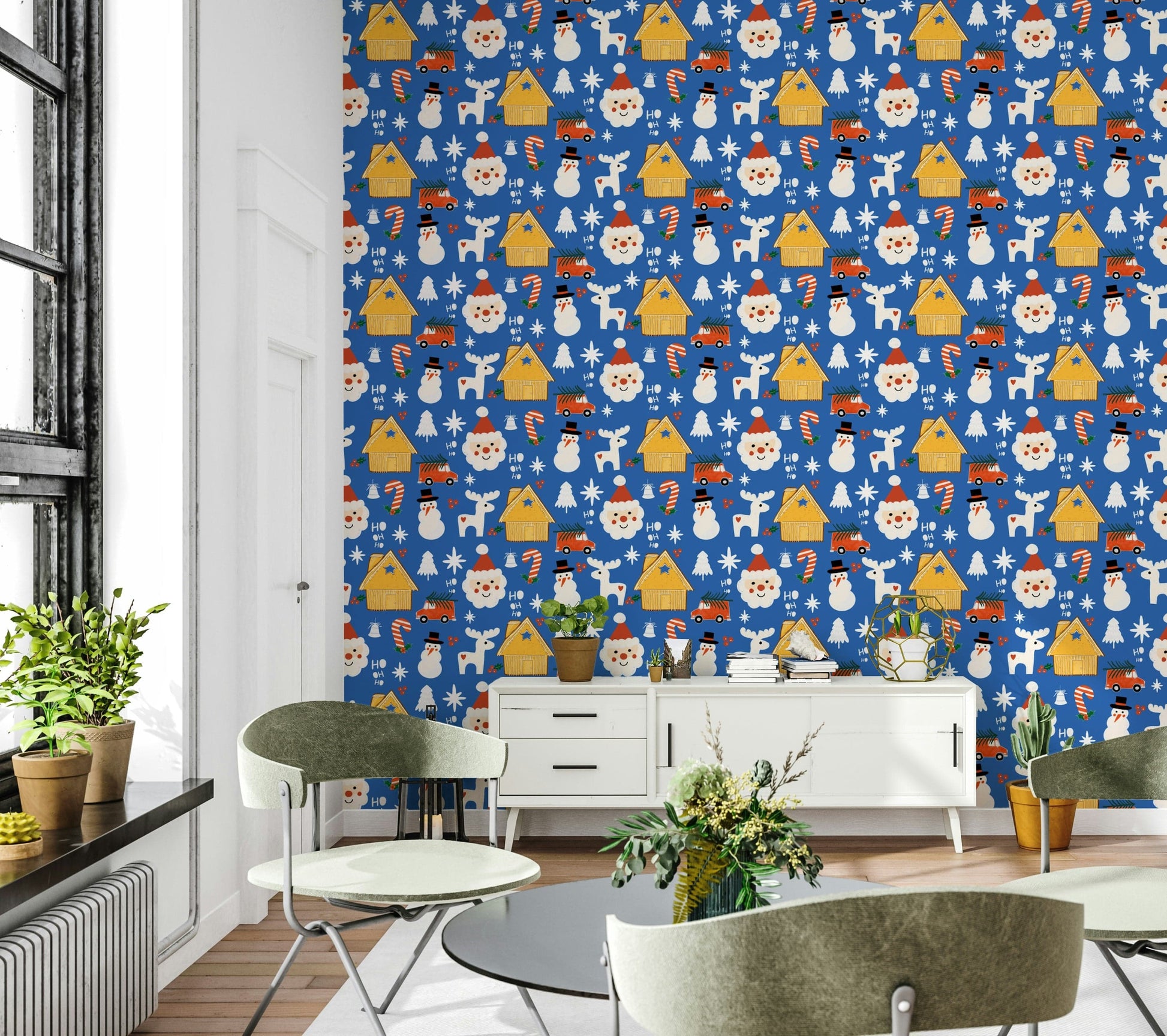 Playful Christmas icons scattered across a blue holiday wallpaper filled with Santa, trees, and candy canes.