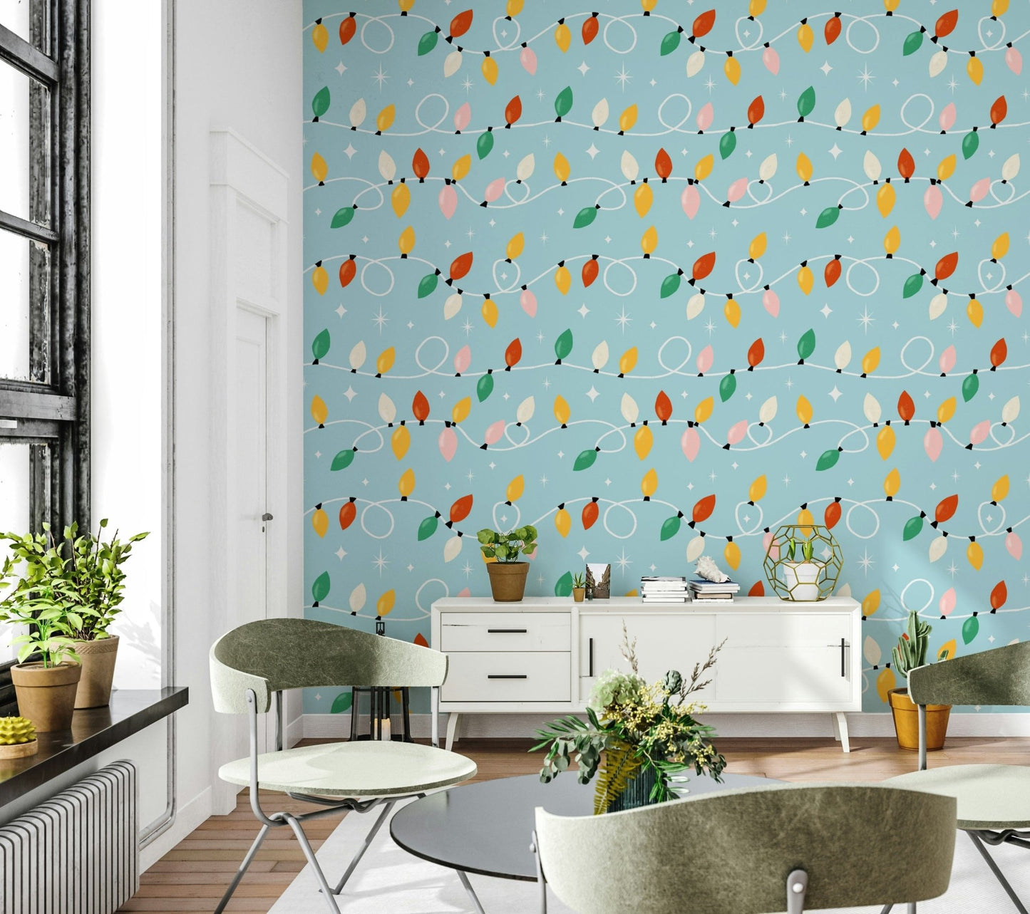 Holiday lights wallpaper with looping white wires and bright multicolored bulbs on a cheerful blue backdrop.
