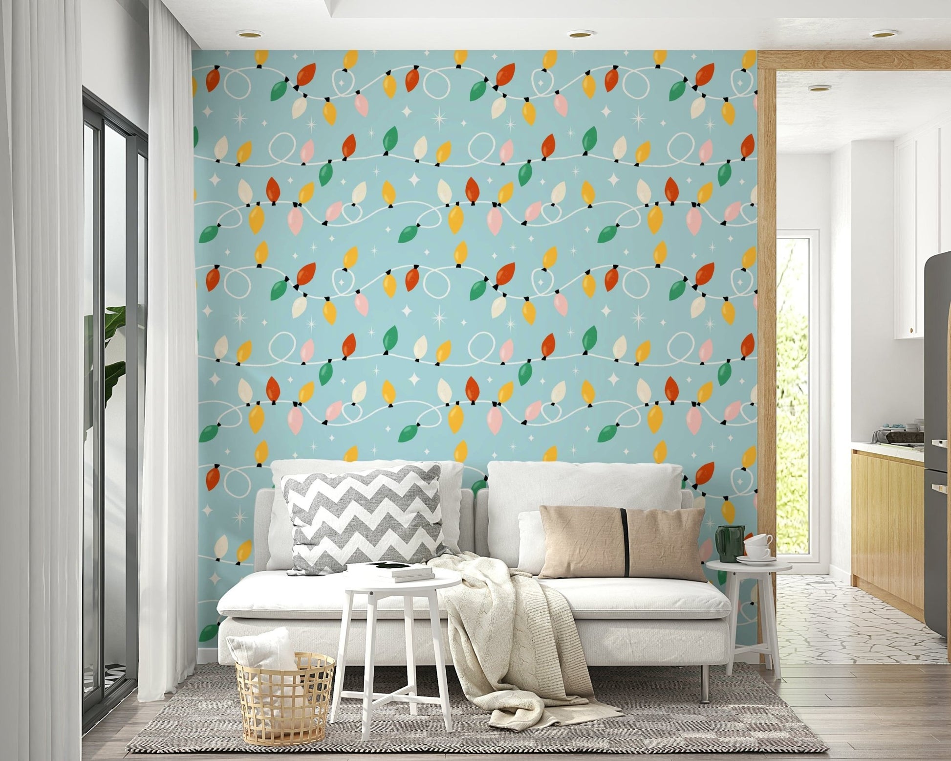 Bright festive bulbs arranged in swirling lines on a blue holiday wallpaper.