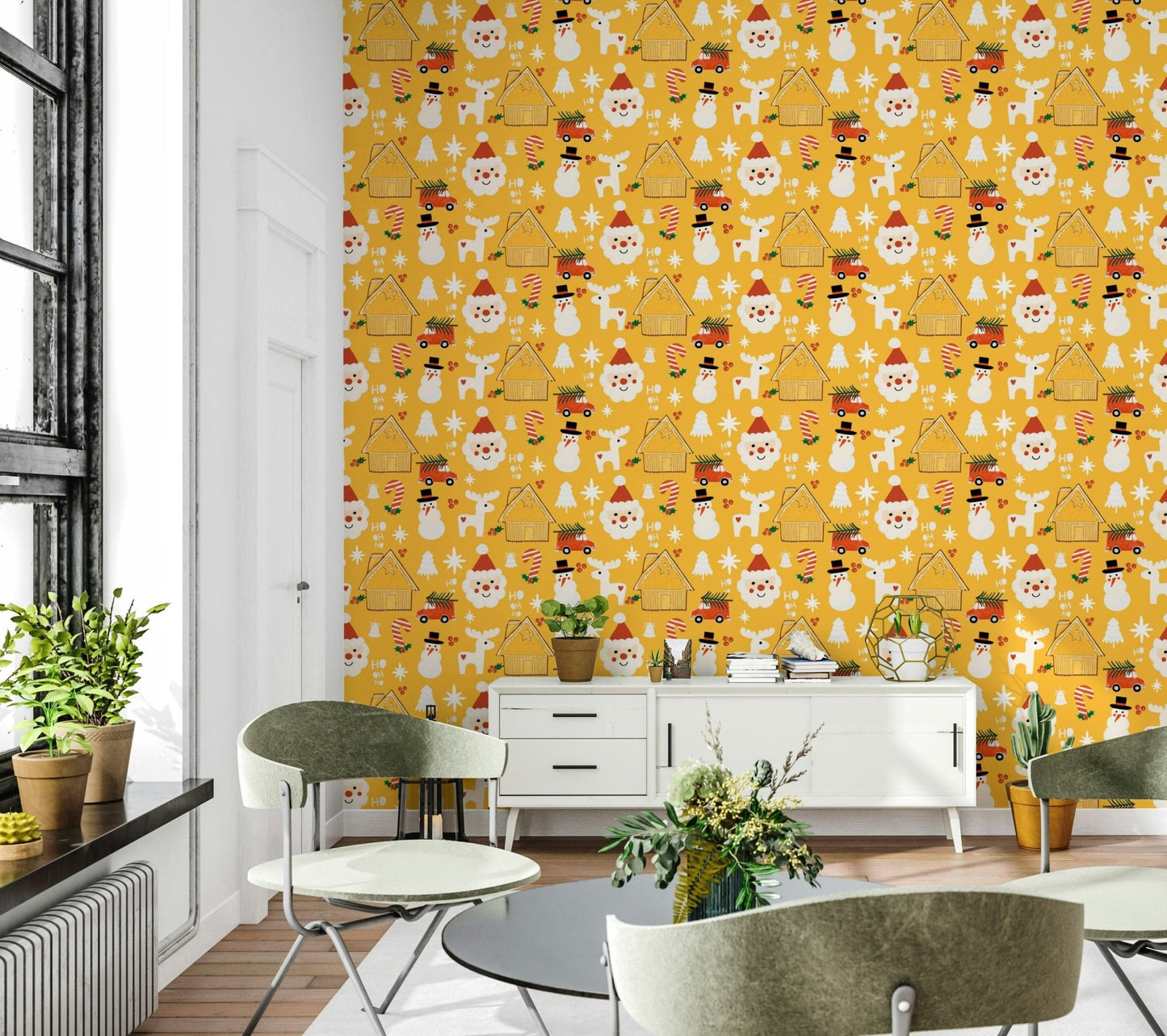A festive holiday wallpaper featuring playful Santas, snowmen, reindeer, and cottages on a bright yellow background.