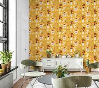 A festive holiday wallpaper featuring playful Santas, snowmen, reindeer, and cottages on a bright yellow background.